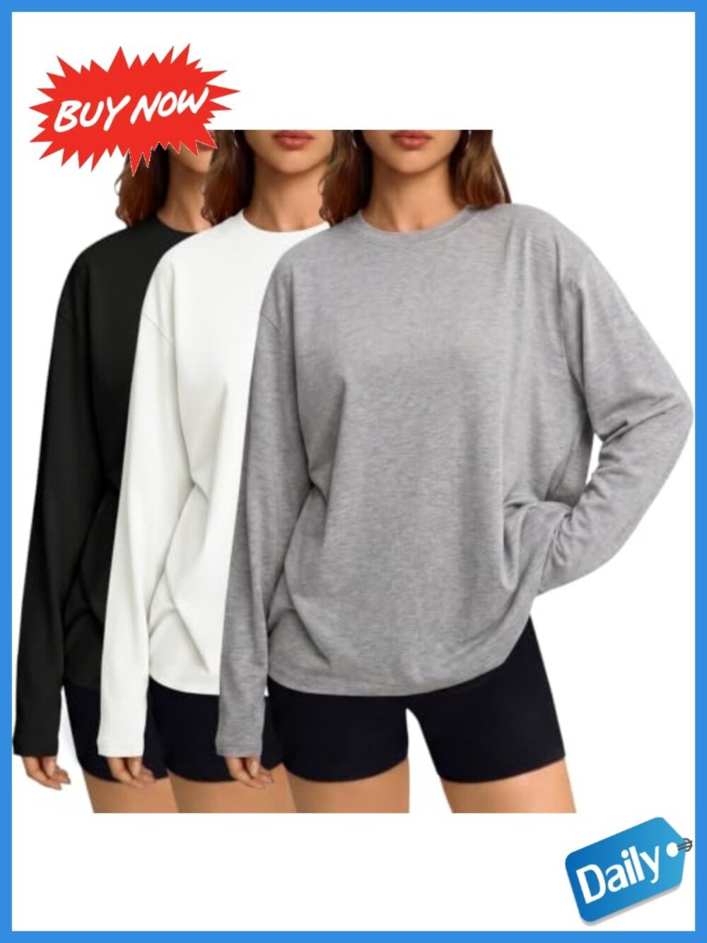3 Pack Womens Oversized Long Sleeve Crew Neck T-Shirts Lightweight Layering Tees